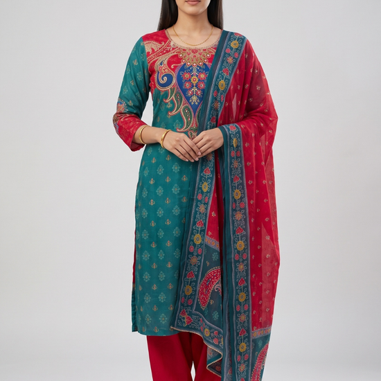 Peacock Paisley Rama Crepe Readymade Suit And Salwar With Red Dupatta - hero