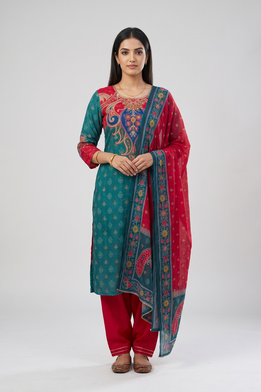 Peacock Paisley Rama Crepe Readymade Suit And Salwar With Red Dupatta - hero
