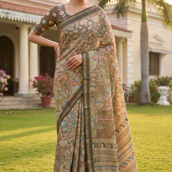 Pista Tussar Cotton Floral Printed Saree - Hero