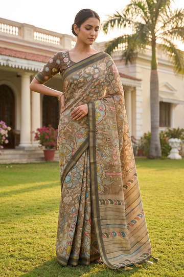 Pista Tussar Cotton Floral Printed Saree - Hero