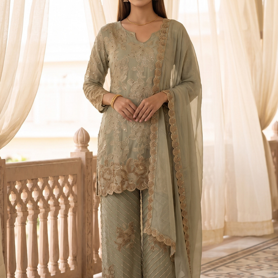 Sage Glow Olive Shimmer Readymade Kurta And Pant Set With Tissue Dupatta - hero