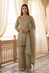 Sage Glow Olive Shimmer Readymade Kurta And Pant Set With Tissue Dupatta - hero
