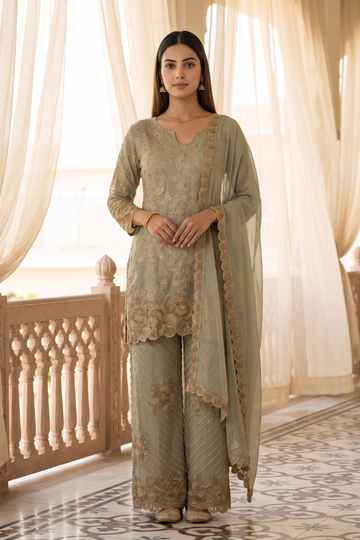Sage Glow Olive Shimmer Readymade Kurta And Pant Set With Tissue Dupatta - hero