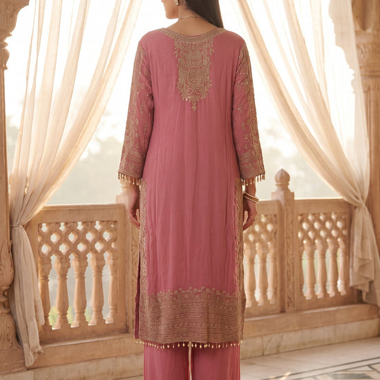 Blush Reverie Gajari Georgette Readymade Suit And Palazzo With Georgette Dupatta - back