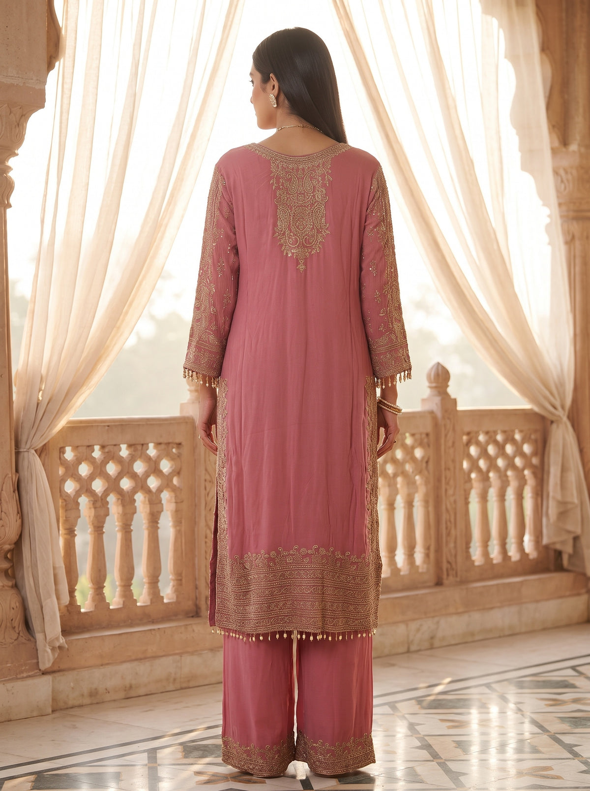 Blush Reverie Gajari Georgette Readymade Suit And Palazzo With Georgette Dupatta - back