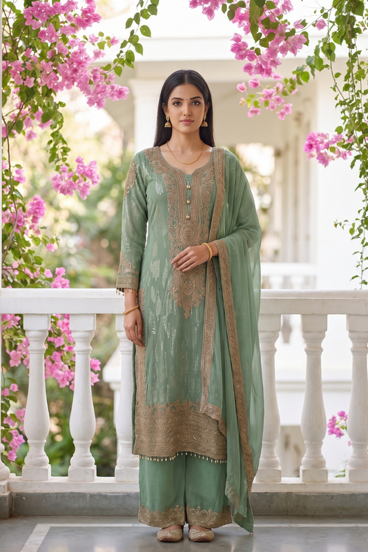 Seafoam Grace Sea Green Georgette Readymade Suit - hero