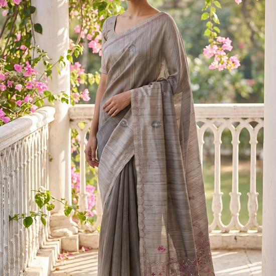 Grey Cotton Thread Work Saree - Hero