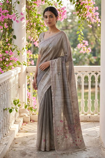 Grey Cotton Thread Work Saree - Hero