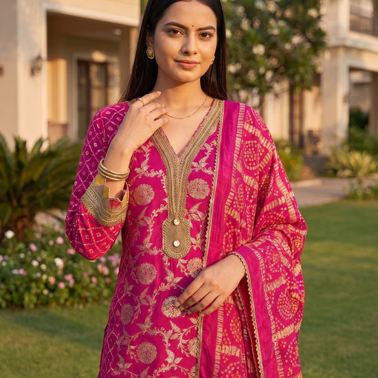 Rani Utsav Pink Loom Readymade Suit And Pant With Matching Dupatta - closeup