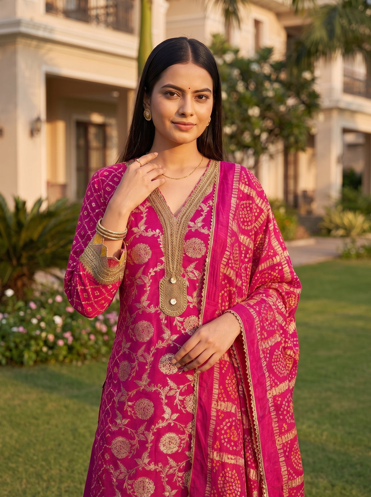 Rani Utsav Pink Loom Readymade Suit And Pant With Matching Dupatta - closeup