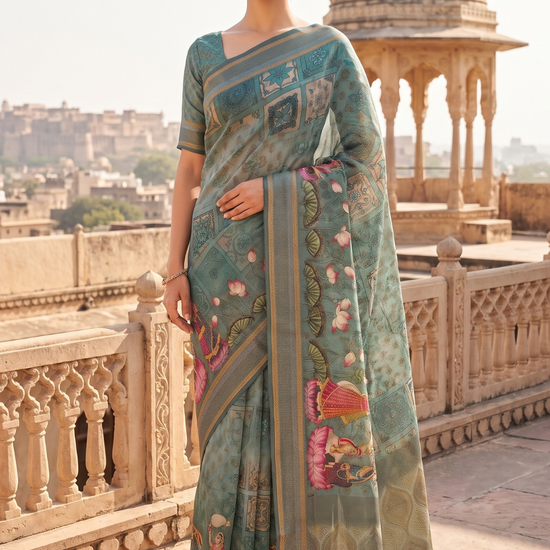 Mint Green Organza Floral Printed Saree - Hero