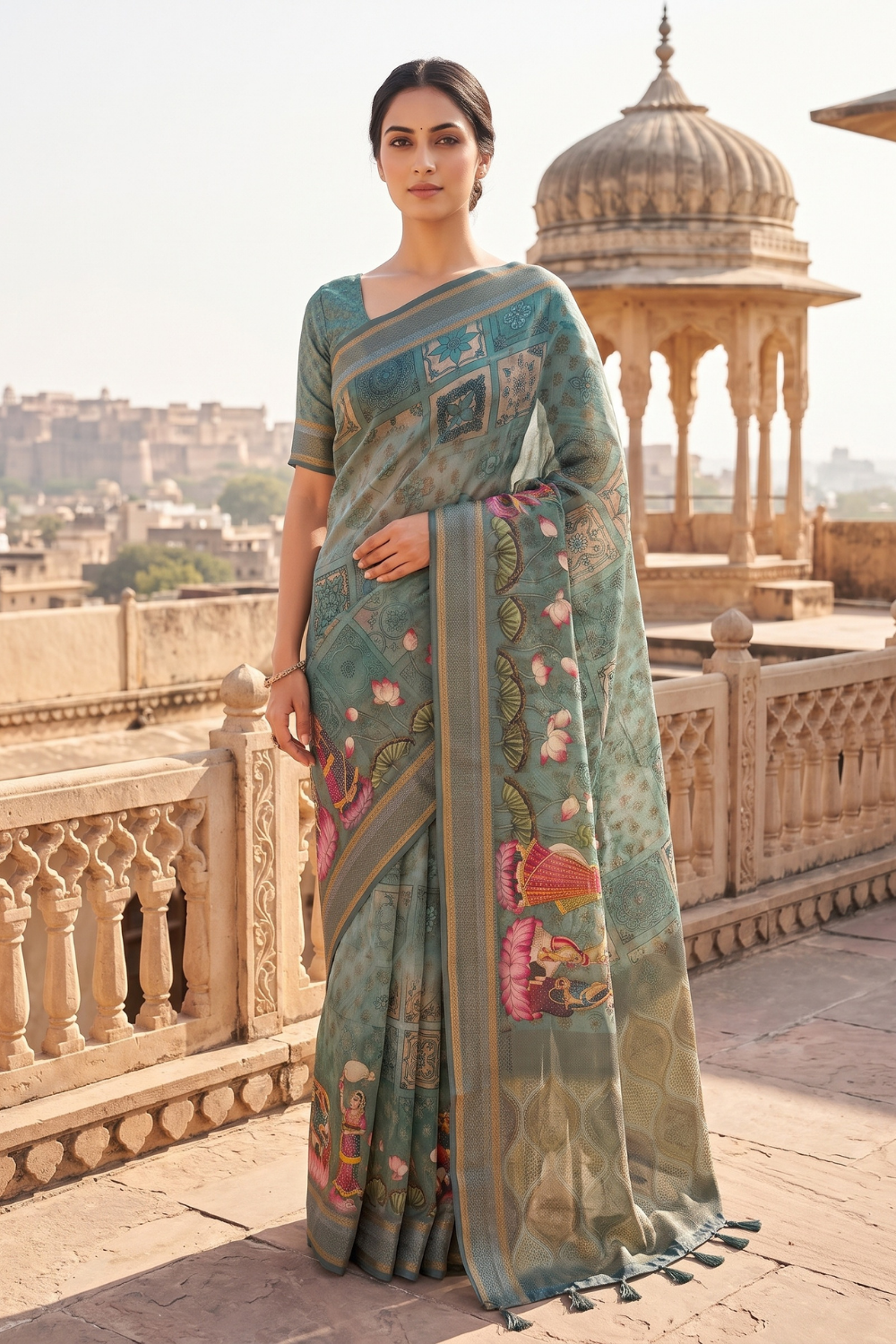 Mint Green Organza Floral Printed Saree - Hero