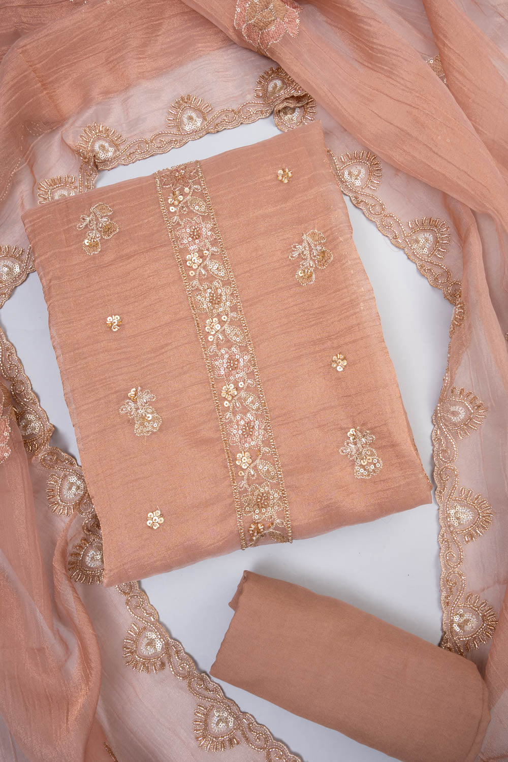 Peach Organza unstitched salwar suit set