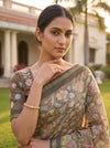 Pista Tussar Cotton Floral Printed Saree - Close Up