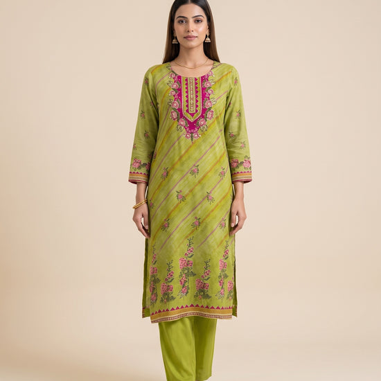 Leheriya Bloom Pista Crepe Readymade Suit And Pant With Printed Dupatta - mood