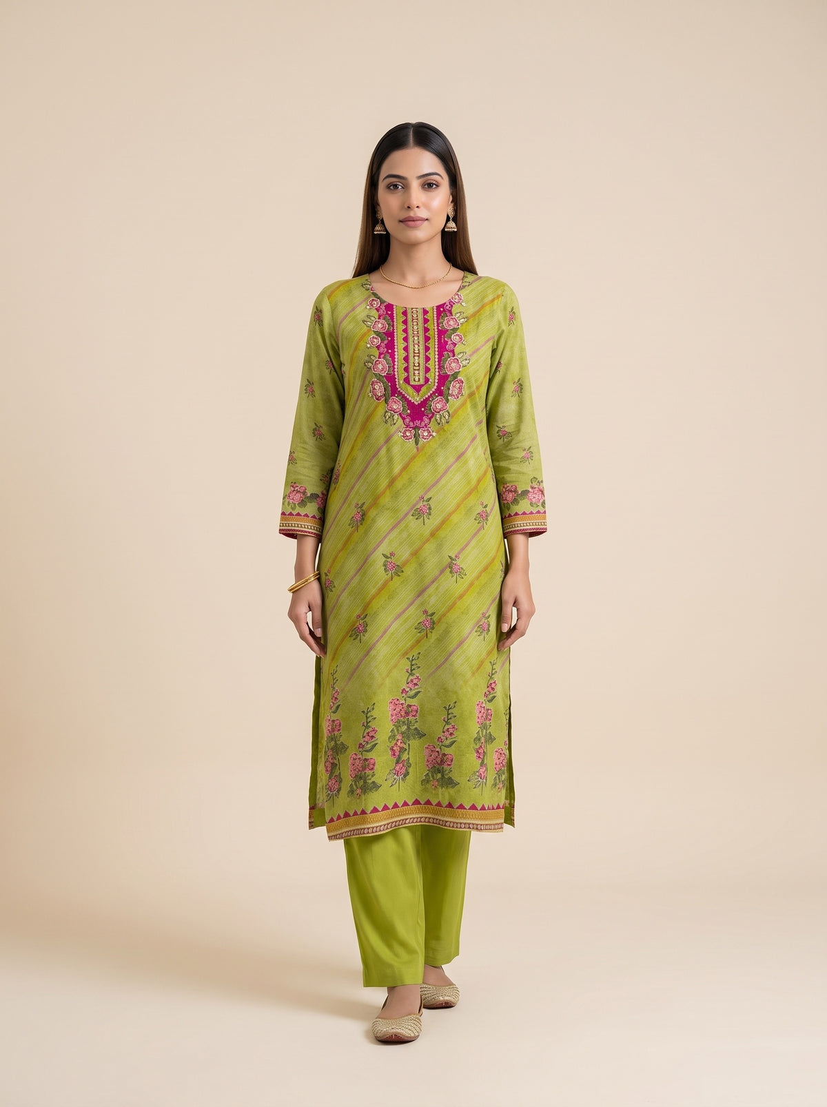 Leheriya Bloom Pista Crepe Readymade Suit And Pant With Printed Dupatta - mood