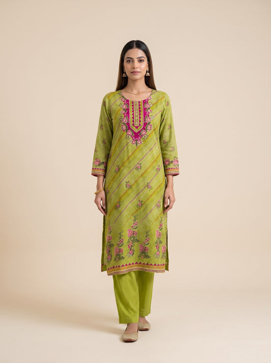 Leheriya Bloom Pista Crepe Readymade Suit And Pant With Printed Dupatta - mood