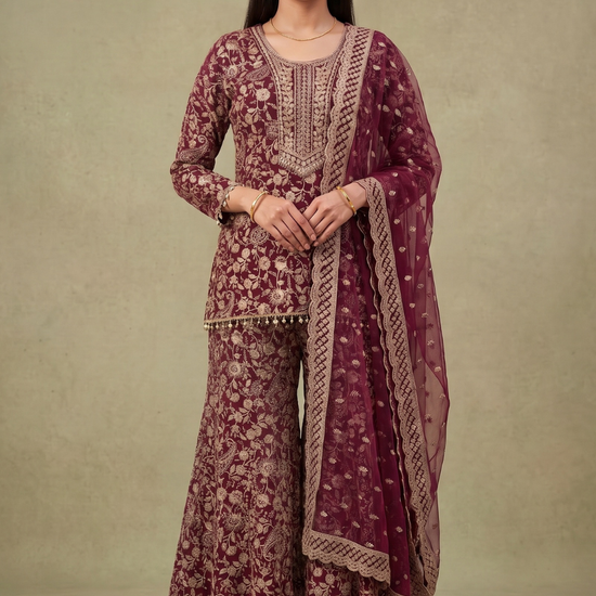 Wine Heritage Garnet Georgette Readymade Embroidered Sharara Set With Net Dupatta - hero