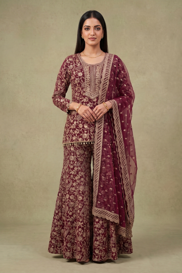 Wine Heritage Garnet Georgette Readymade Embroidered Sharara Set With Net Dupatta - hero