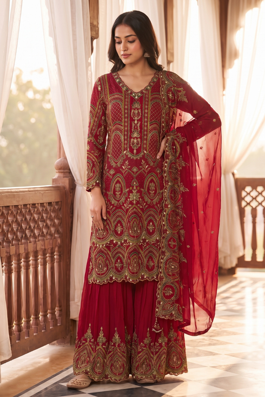 Shahi Bloom Rani Crepe Readymade Gota Patti Sharara Set With Dupatta - hero
