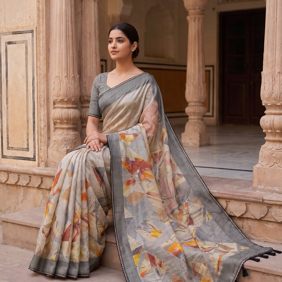 Peach Grey Cotton Printed Saree - Mood
