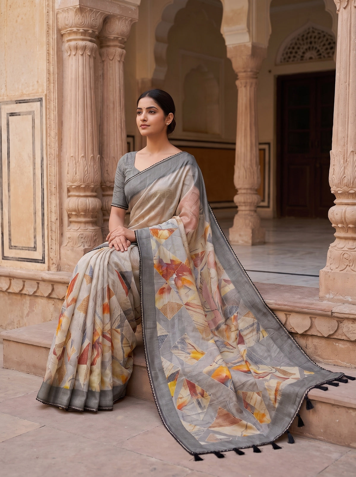 Peach Grey Cotton Printed Saree - Mood