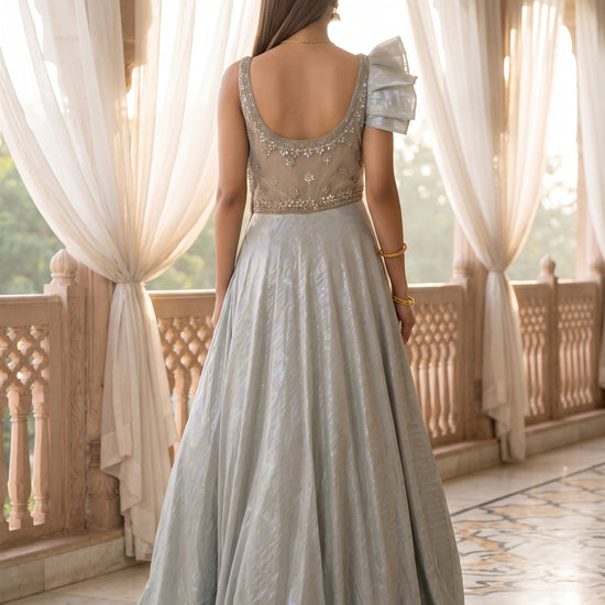 Mint Whisper Pista Lycra Readymade Anarkali Gown With Net Dupatta - back
