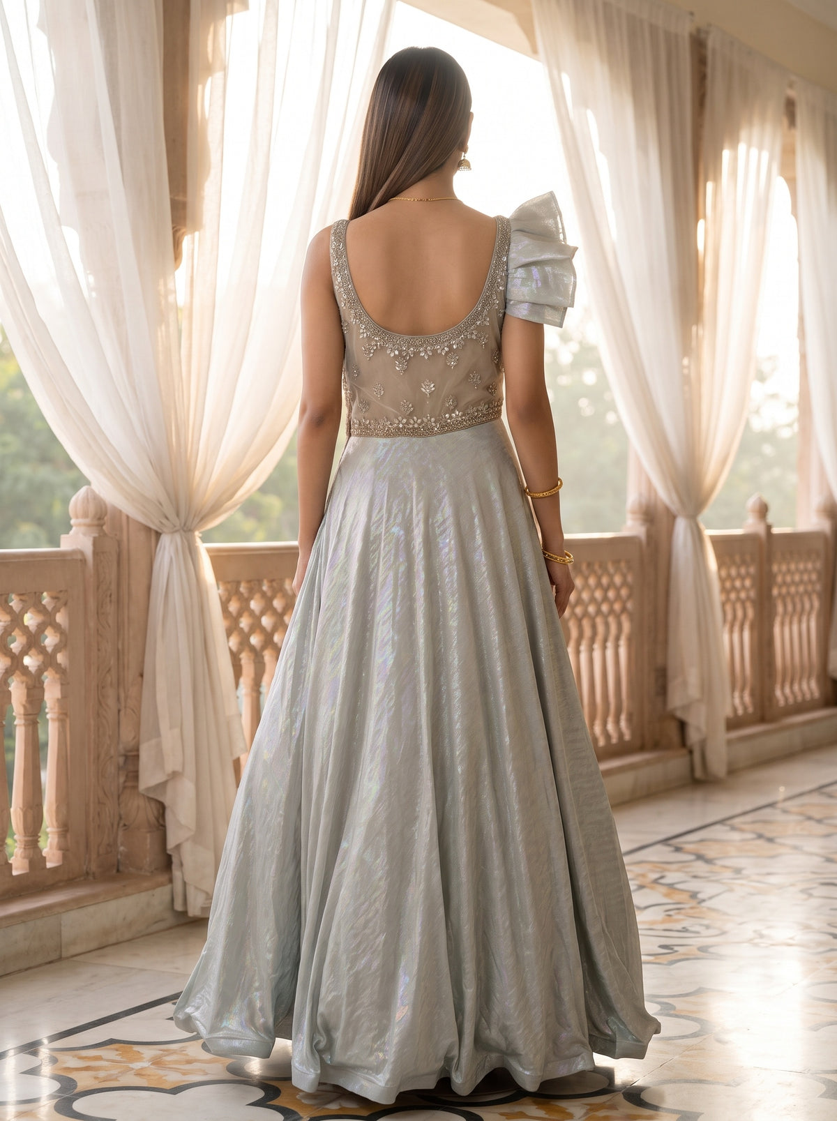 Mint Whisper Pista Lycra Readymade Anarkali Gown With Net Dupatta - back