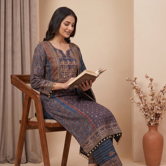 Indigo Muse Grey Crepe Readymade Printed Kurta And Palazzo With Dupatta - mood