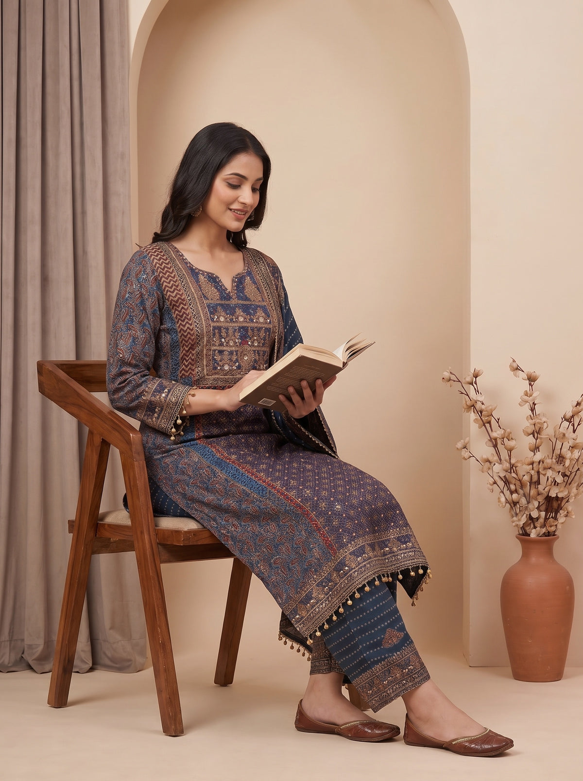 Indigo Muse Grey Crepe Readymade Printed Kurta And Palazzo With Dupatta - mood