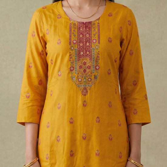 Saffron Bloom Mustard Crepe Readymade Suit And Pant With Crepe Dupatta - closeup