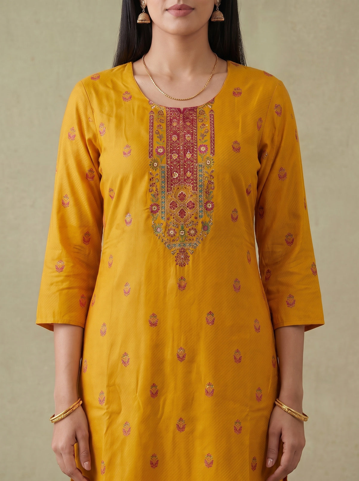 Saffron Bloom Mustard Crepe Readymade Suit And Pant With Crepe Dupatta - closeup