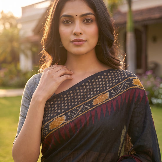 Black Maroon Cotton Zari Saree - Close Up