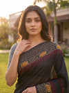Black Maroon Cotton Zari Saree - Close Up