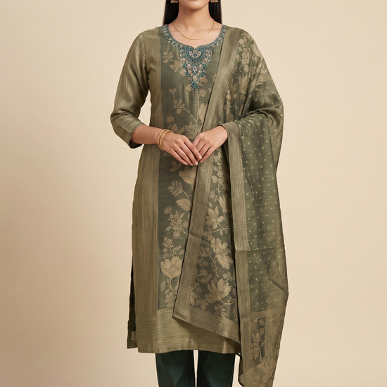 Emerald Sheen Bottle Green Shimmer Readymade Suit And Pant With Silk Dupatta - hero