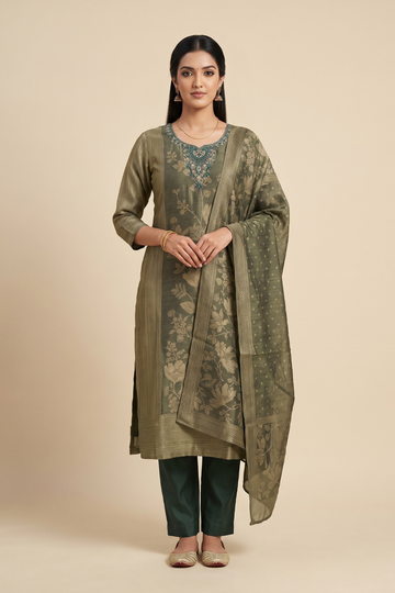 Emerald Sheen Bottle Green Shimmer Readymade Suit And Pant With Silk Dupatta - hero
