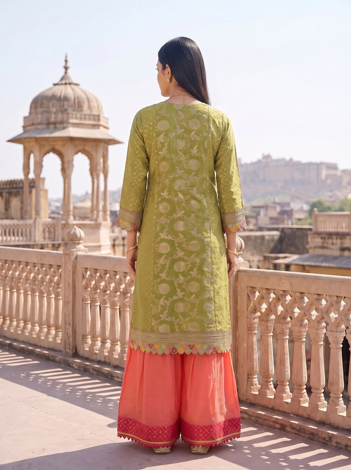 Citrus Utsav Pista Loom Readymade Suit And Palazzo With Leheriya Dupatta - back