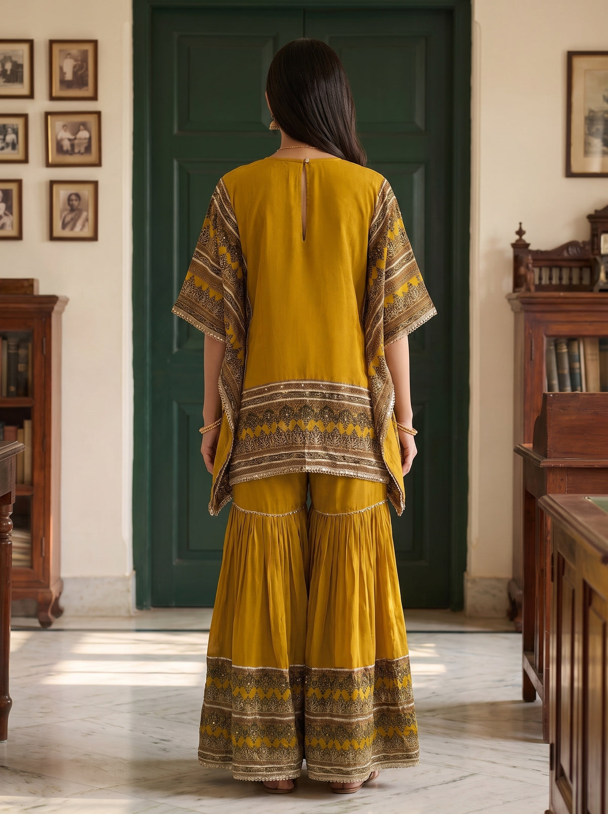 Golden Mehfil Mehndi Crepe Readymade Sharara Set - back