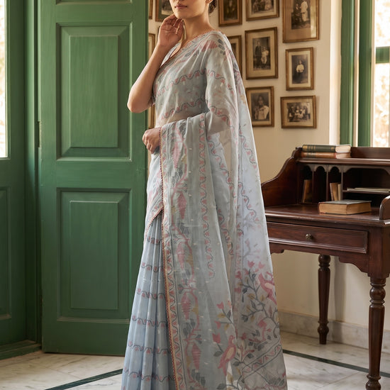 Sky Blue Chanderi Cotton Printed Saree - Side