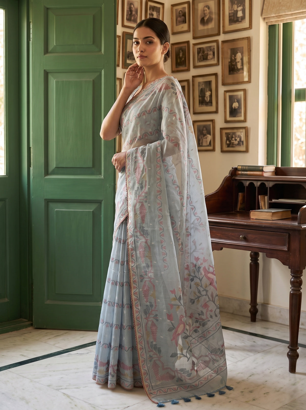 Sky Blue Chanderi Cotton Printed Saree - Side