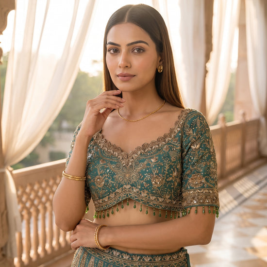 Mint Mirage Green Crepe Readymade Crop Top And Sharara Set With Dupatta - closeup
