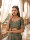Mint Mirage Green Crepe Readymade Crop Top And Sharara Set With Dupatta - closeup