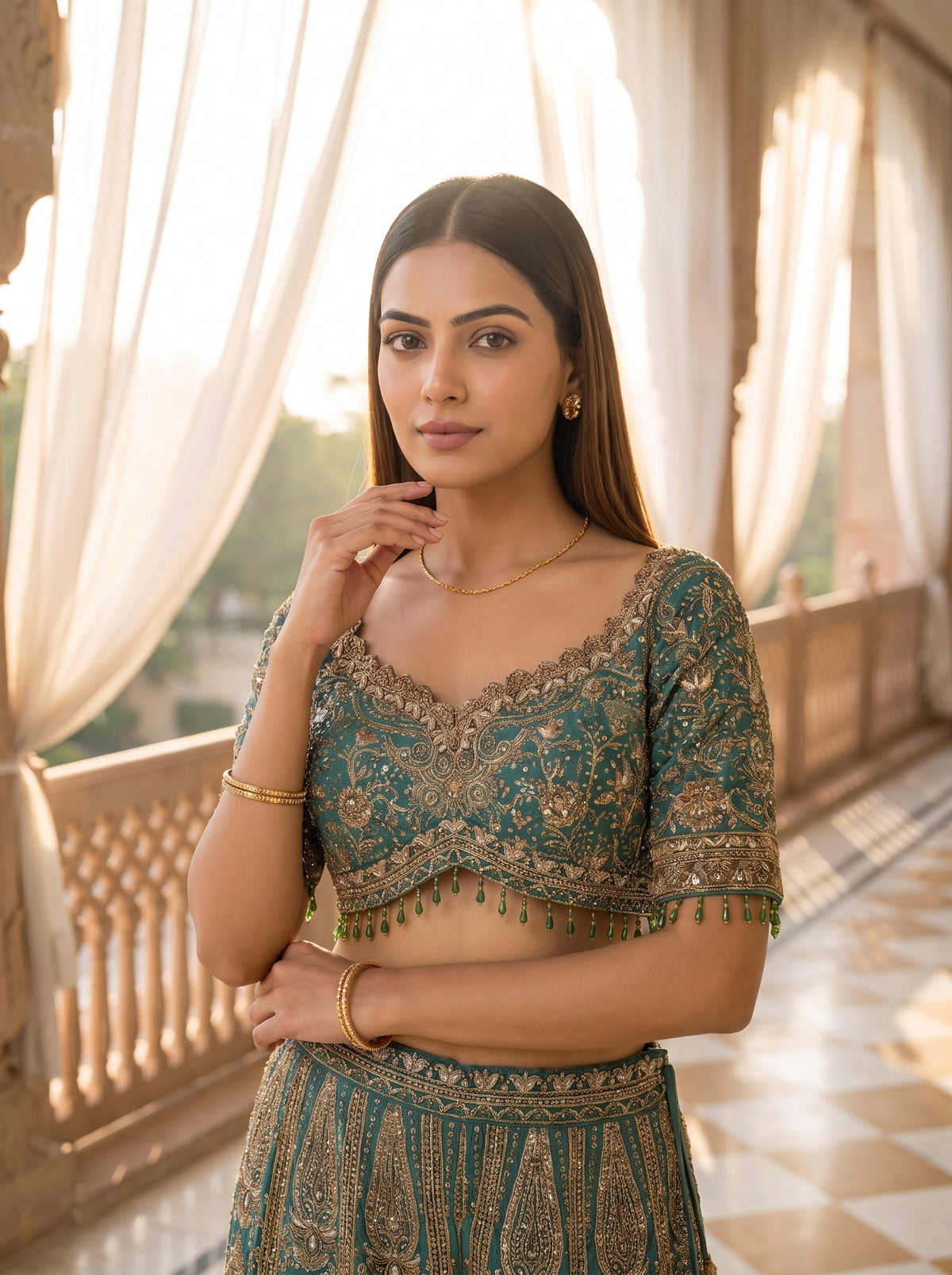 Mint Mirage Green Crepe Readymade Crop Top And Sharara Set With Dupatta - closeup
