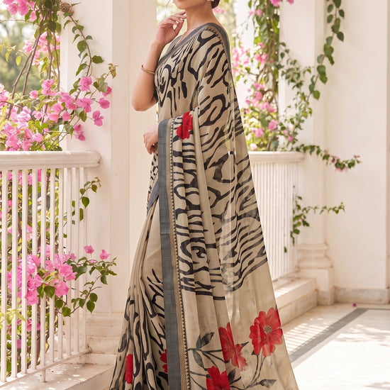 Black Tusser Cotton Floral Printed Saree - Side