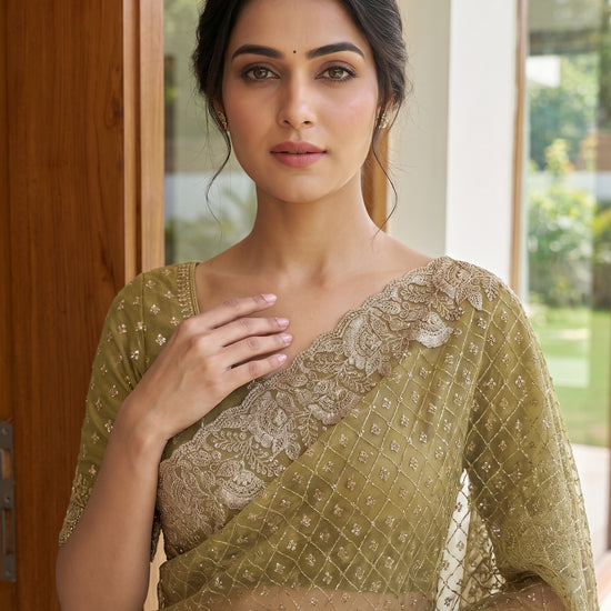 Mehndi Net Saree - Close Up