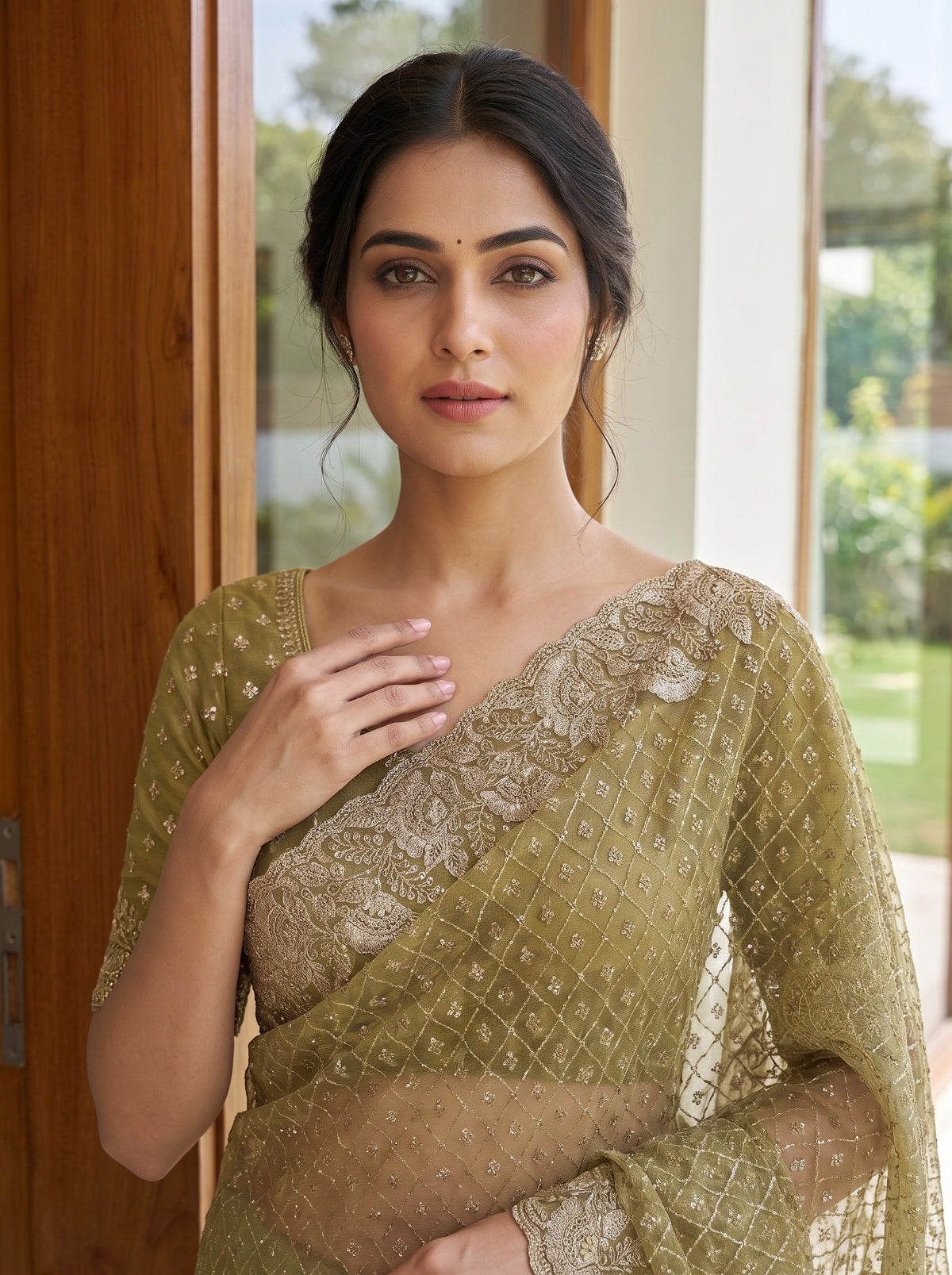 Mehndi Net Saree - Close Up