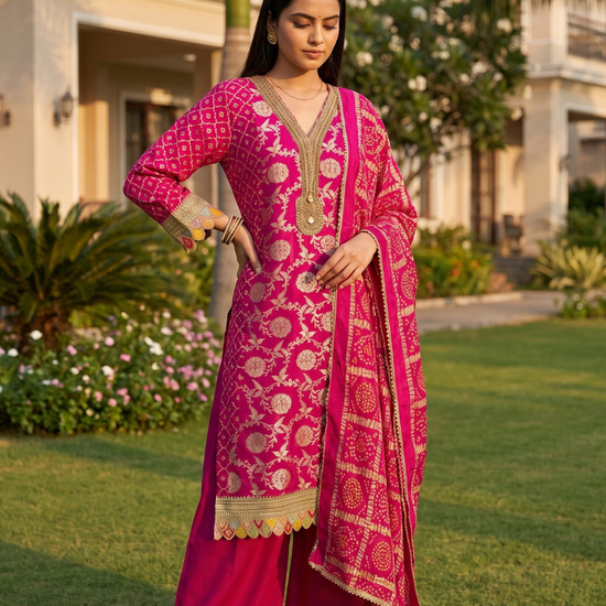 Rani Utsav Pink Loom Readymade Suit And Pant With Matching Dupatta - hero