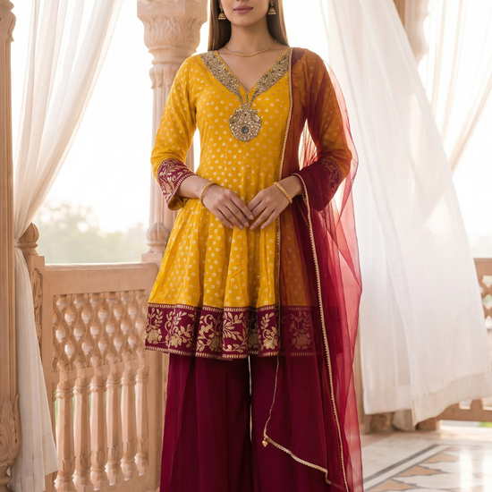 Marigold Mela Mustard Chinon Readymade Peplum Suit And Palazzo With Maroon Net Dupatta - hero