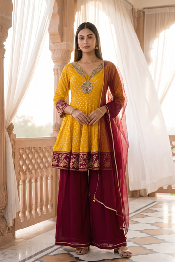 Marigold Mela Mustard Chinon Readymade Peplum Suit And Palazzo With Maroon Net Dupatta - hero
