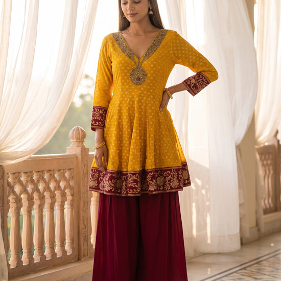 Marigold Mela Mustard Chinon Readymade Peplum Suit And Palazzo With Maroon Net Dupatta - mood